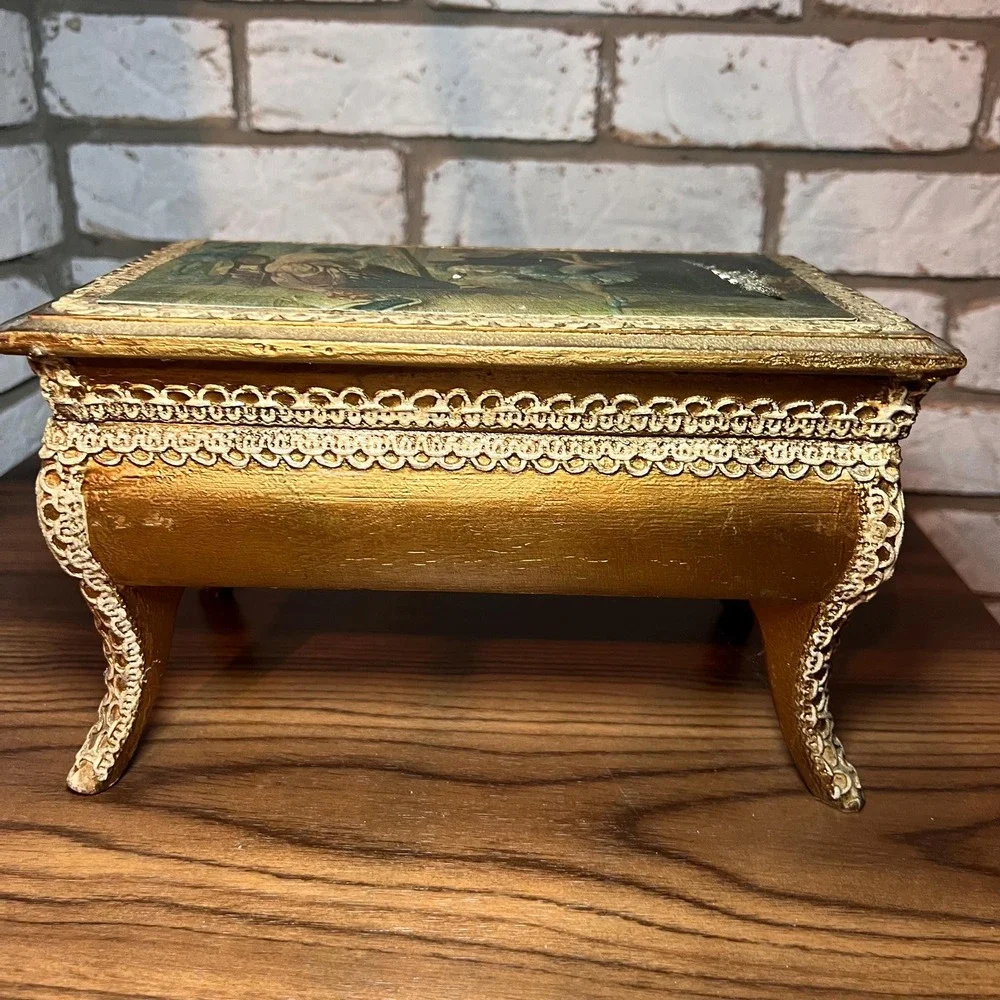 VTG Japan Musical Jewelry Box Greensleeves Ballet Ballerina Red Velvet Footed *